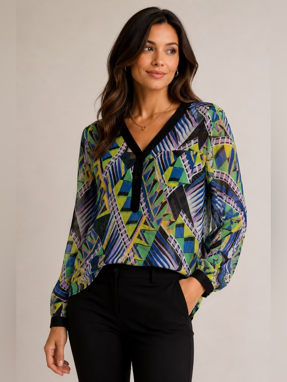 I.N. Studio Petite Sheer Geometric Abstract Print V-Neck Blouse Women’s PL